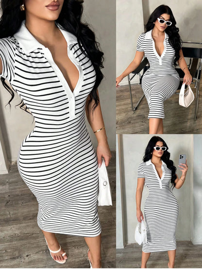 SXY Women's Summer Red And White Stripe Polo Dress,Knit High Stretch Short Sleeve Bodycon Midi Dress,French Elegant City Break Cow Boy Commuter Fashion