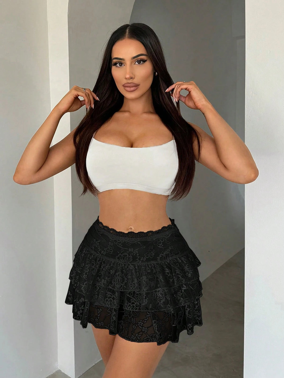 SXY Women White Lace Skirt Summer Clothes Peplum Skirt Girl Black Skirtblack Skirt Womenblack Short Skirt