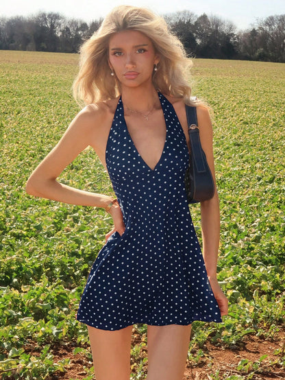Sydney Algeri Romantic Polka Dot V-Neck Mini Dress For Women, Early Autumn Party Elegant, French Girl Style