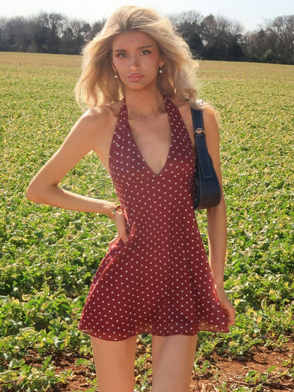 Sydney Algeri Romantic Polka Dot V-Neck Mini Dress For Women, Early Autumn Party Elegant, French Girl Style