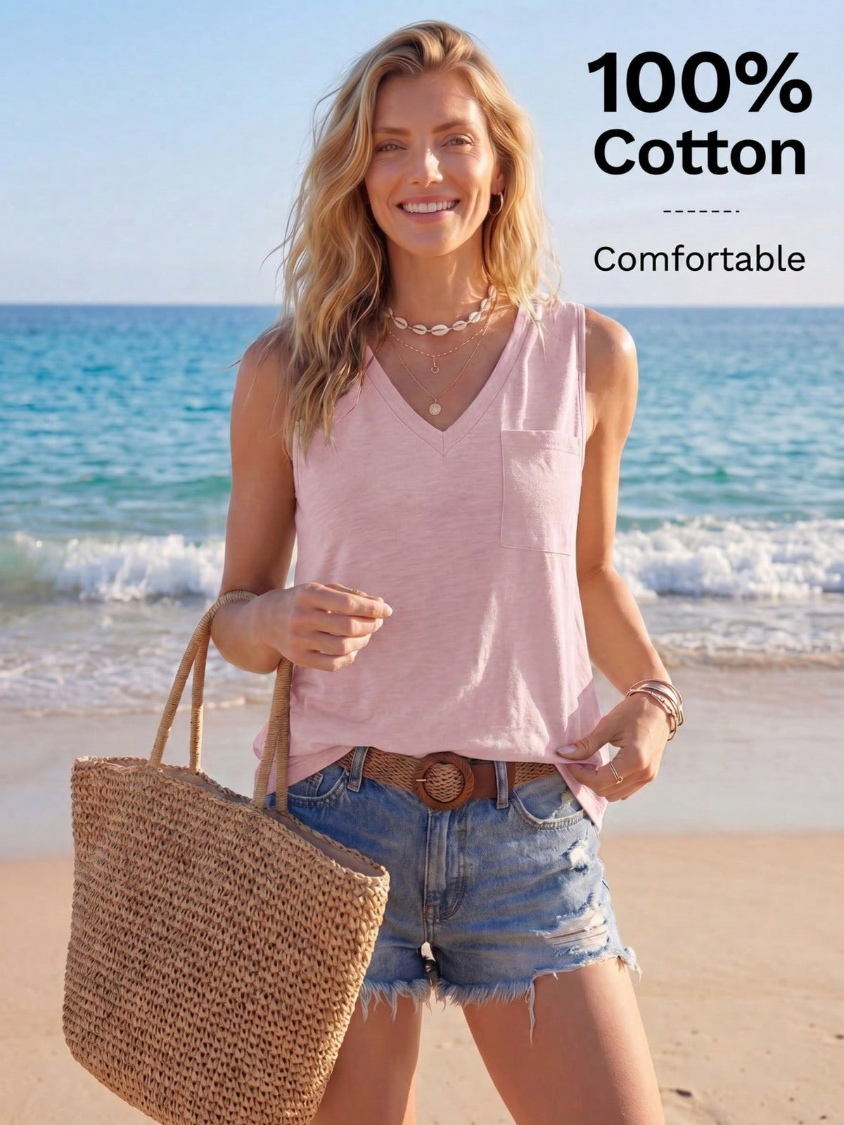 Sylviya Women's Summer Solid Color V-Neck Pocket Casual Tank Top,Casual