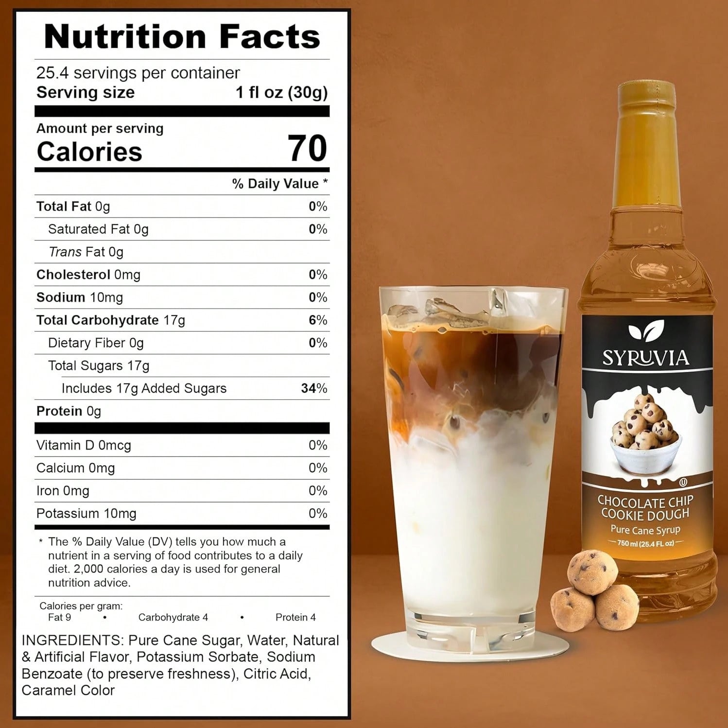 Syruvia Chocolate Chip Cookie Dough Syrup- 25.4 Fl Oz. Premium Coffee Flavoring Syrup. Kosher, And Gluten-Free. Ideal For Enhancing Drinks, Sodas, Shakes, Desserts, And More.