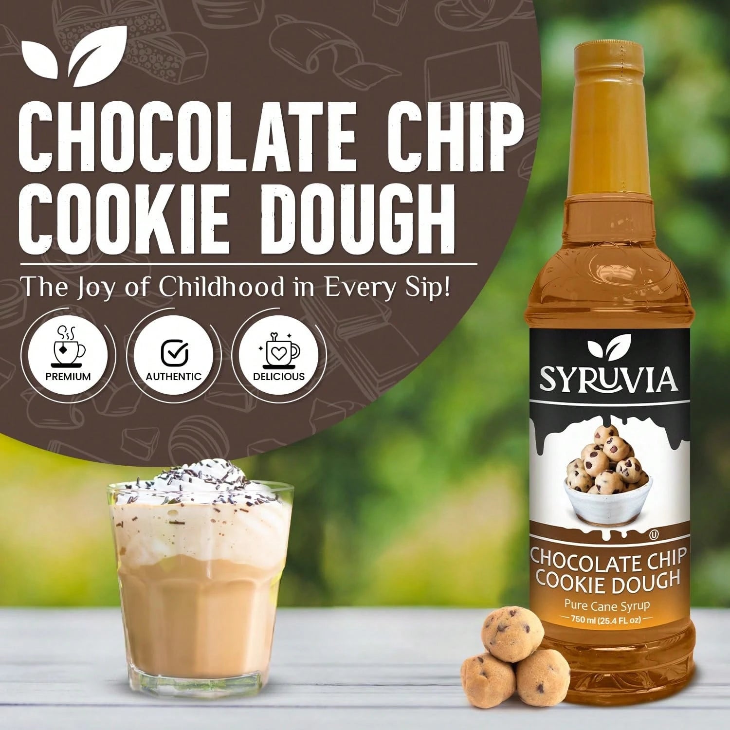 Syruvia Chocolate Chip Cookie Dough Syrup- 25.4 Fl Oz. Premium Coffee Flavoring Syrup. Kosher, And Gluten-Free. Ideal For Enhancing Drinks, Sodas, Shakes, Desserts, And More.