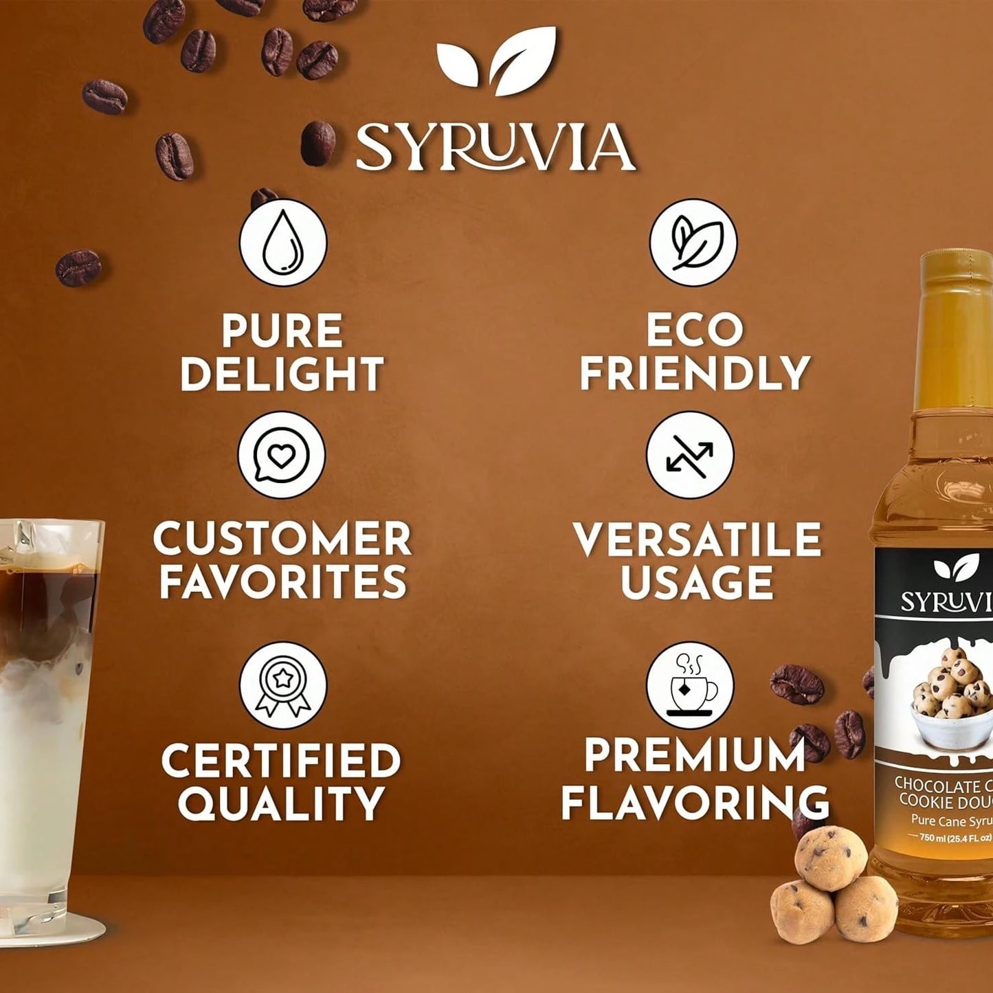 Syruvia Chocolate Chip Cookie Dough Syrup- 25.4 Fl Oz. Premium Coffee Flavoring Syrup. Kosher, And Gluten-Free. Ideal For Enhancing Drinks, Sodas, Shakes, Desserts, And More.
