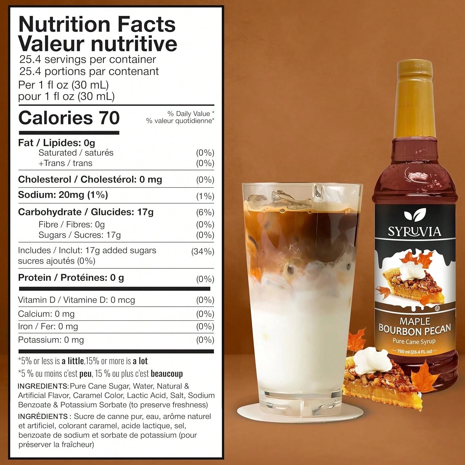 Syruvia Maple Bourbon Pecan Coffee Syrup- 25.4 Fl Oz Premium Coffee Flavoring Syrup- Kosher Coffee Syrups Perfect For Drinks, Soda, Desserts, And More, Gluten Free, No Coloring