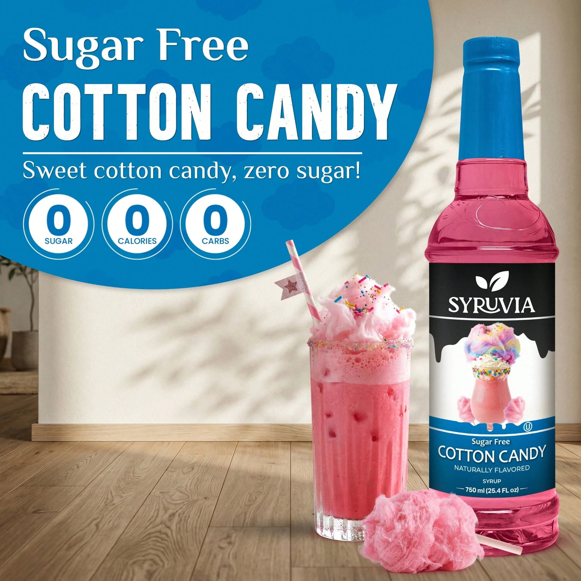 Syruvia Sugar-Free Cotton Candy Flavored Syrup- 25.4 Fl Oz Premium Flavoring Syrup- Kosher, Gluten Free, Perfect For Drinks, Soda, Shakes, Cocktails, Desserts And More.