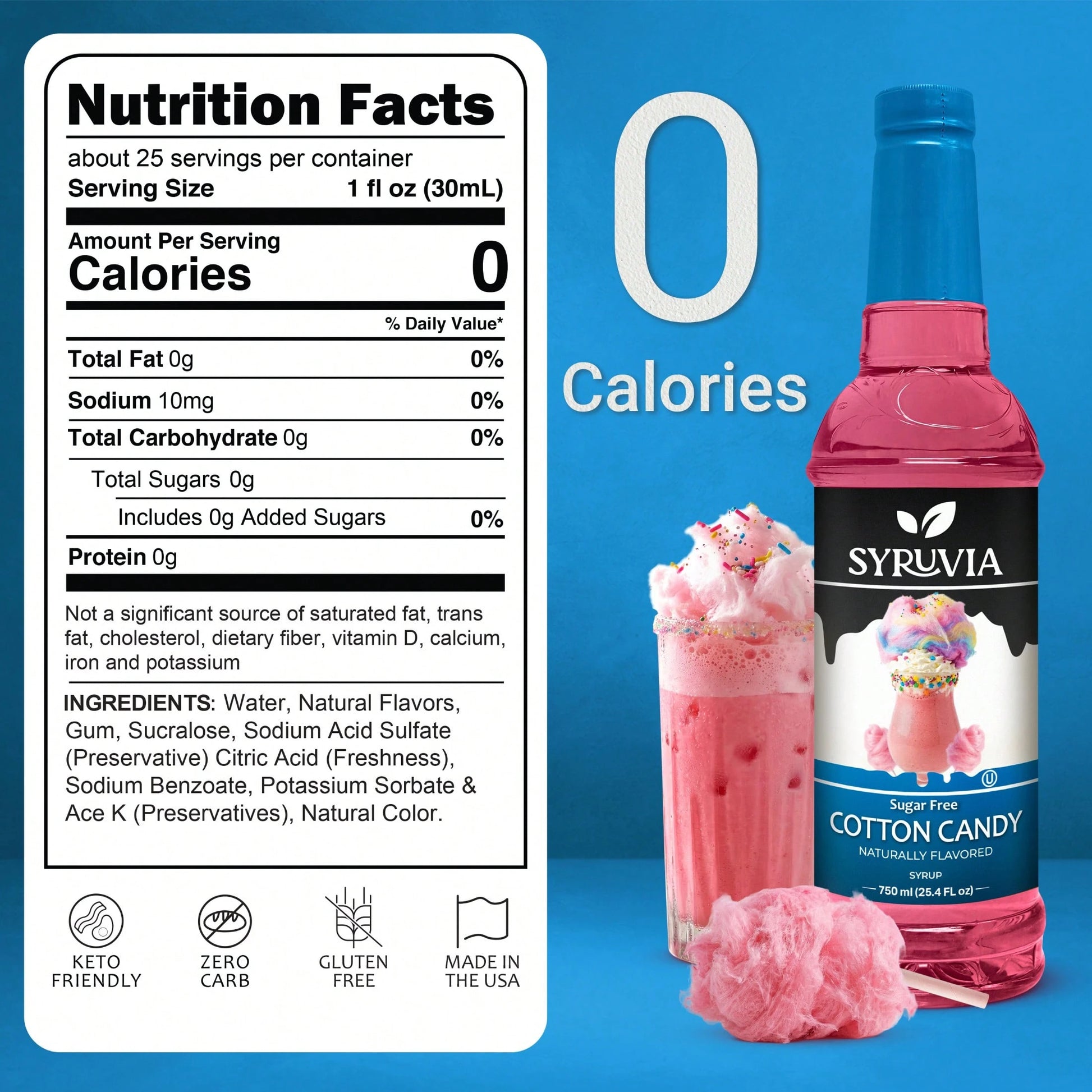 Syruvia Sugar-Free Cotton Candy Flavored Syrup- 25.4 Fl Oz Premium Flavoring Syrup- Kosher, Gluten Free, Perfect For Drinks, Soda, Shakes, Cocktails, Desserts And More.