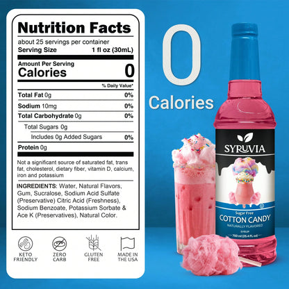 Syruvia Sugar-Free Cotton Candy Flavored Syrup- 25.4 Fl Oz Premium Flavoring Syrup- Kosher, Gluten Free, Perfect For Drinks, Soda, Shakes, Cocktails, Desserts And More.