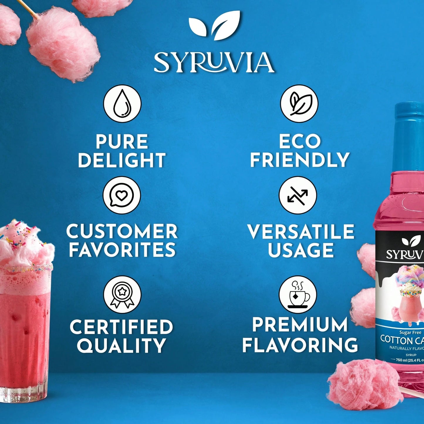 Syruvia Sugar-Free Cotton Candy Flavored Syrup- 25.4 Fl Oz Premium Flavoring Syrup- Kosher, Gluten Free, Perfect For Drinks, Soda, Shakes, Cocktails, Desserts And More.