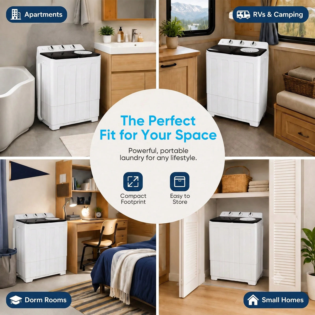 TABU 16.5 Ibs Portable Washing Machine, Compact Washer Machine, Mini Washing Machine, Twin Tub Washer And Spiner, Ideal For Dorms, Apartments, RVs, Camping Etc, White/Blue/Brown