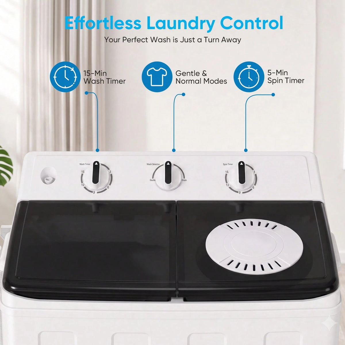 TABU 16.5 Ibs Portable Washing Machine, Compact Washer Machine, Mini Washing Machine, Twin Tub Washer And Spiner, Ideal For Dorms, Apartments, RVs, Camping Etc, White/Blue/Brown
