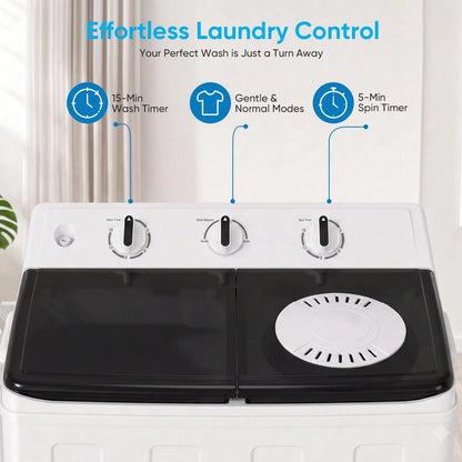 TABU 16.5 Ibs Portable Washing Machine, Compact Washer Machine, Mini Washing Machine, Twin Tub Washer And Spiner, Ideal For Dorms, Apartments, RVs, Camping Etc, White/Blue/Brown