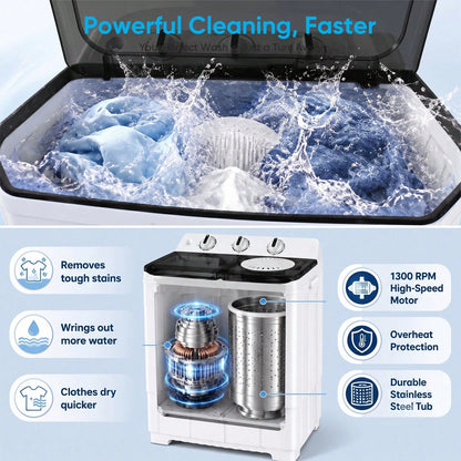 TABU 16.5 Ibs Portable Washing Machine, Compact Washer Machine, Mini Washing Machine, Twin Tub Washer And Spiner, Ideal For Dorms, Apartments, RVs, Camping Etc, White/Blue/Brown