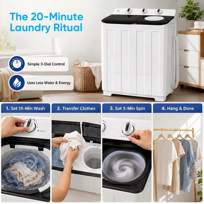 TABU 16.5 Ibs Portable Washing Machine, Compact Washer Machine, Mini Washing Machine, Twin Tub Washer And Spiner, Ideal For Dorms, Apartments, RVs, Camping Etc, White/Blue/Brown