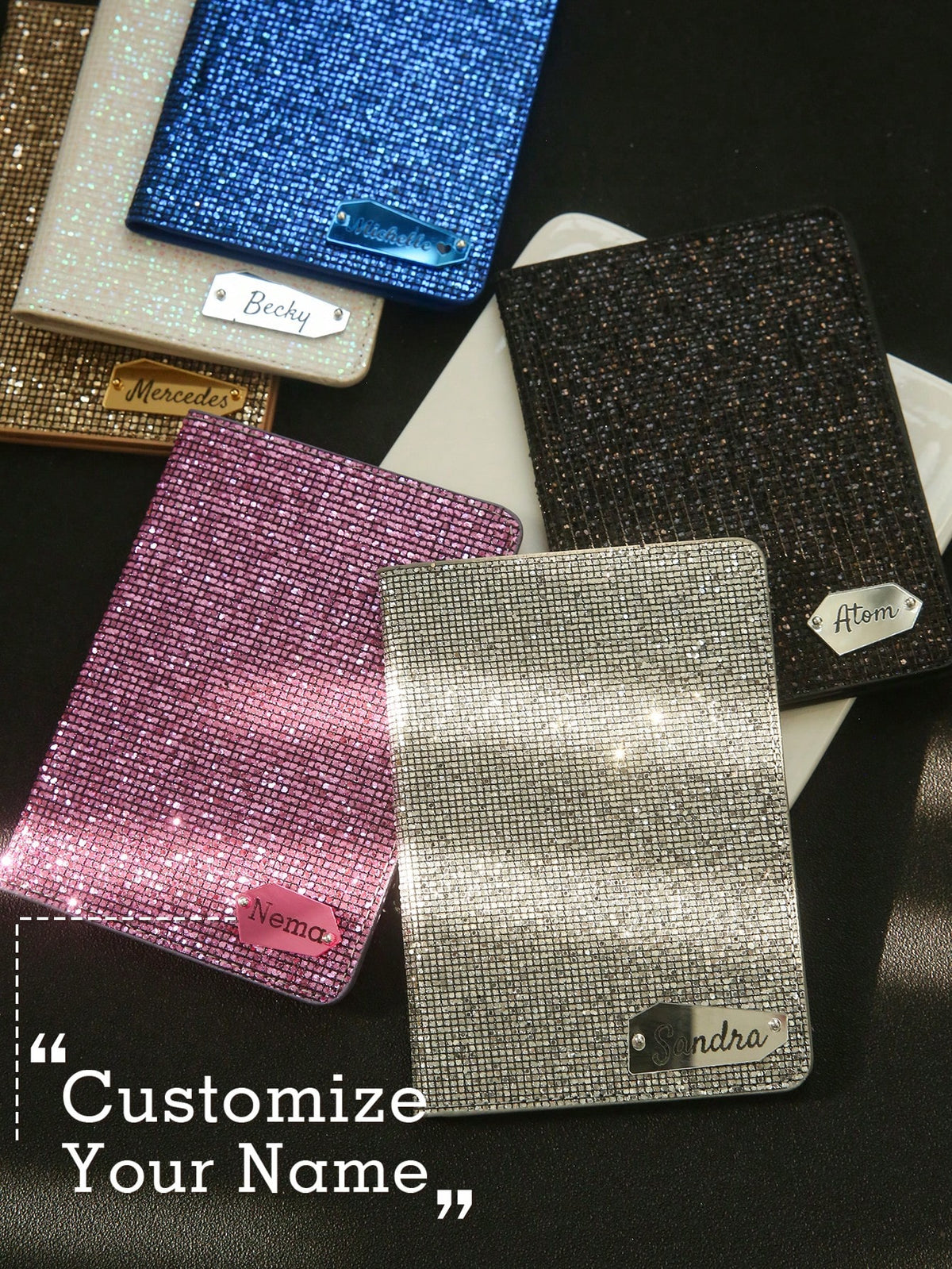 Takeoak Personalized Name Passport Holder With Disco Ball Sequins, Custom Mirror Name Tag Travel Document Card Holder, Protection