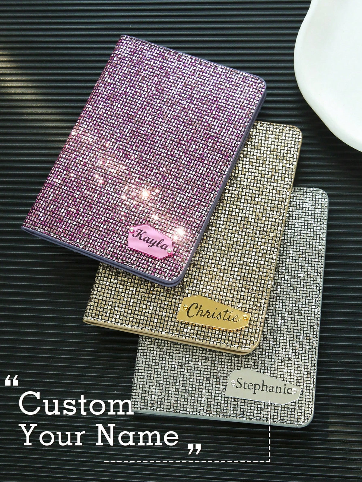 Takeoak Personalized Name Passport Holder With Disco Ball Sequins, Custom Mirror Name Tag Travel Document Card Holder, Protection