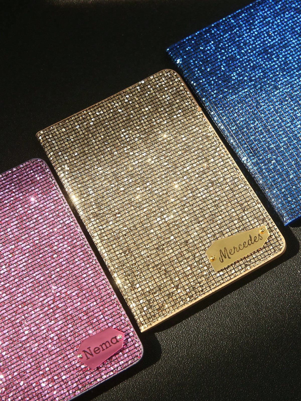 Takeoak Personalized Name Passport Holder With Disco Ball Sequins, Custom Mirror Name Tag Travel Document Card Holder, Protection