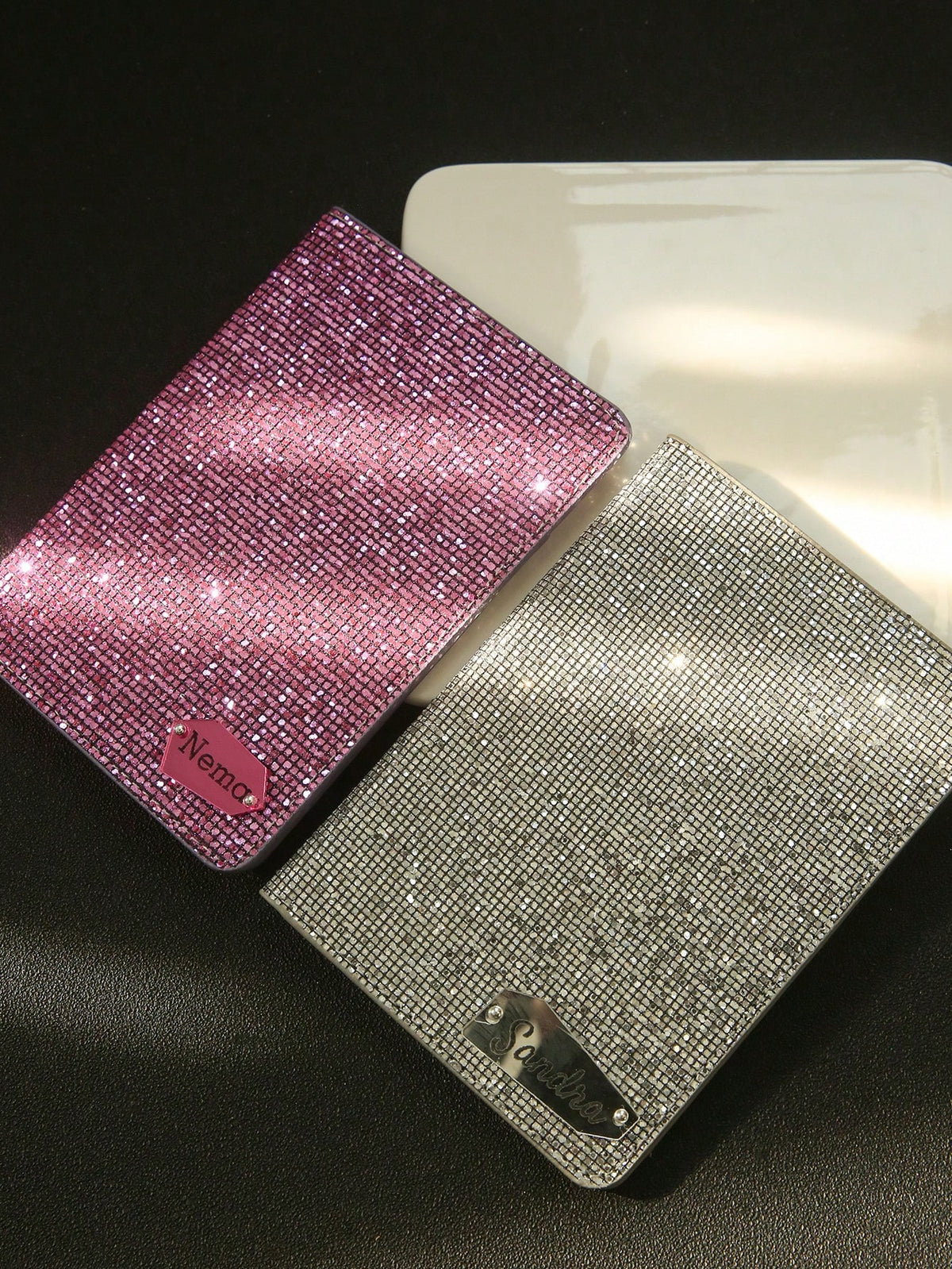 Takeoak Personalized Name Passport Holder With Disco Ball Sequins, Custom Mirror Name Tag Travel Document Card Holder, Protection