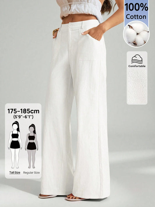 Tall 100% Washed Cotton Low Waist Straight Pants, Tall Women