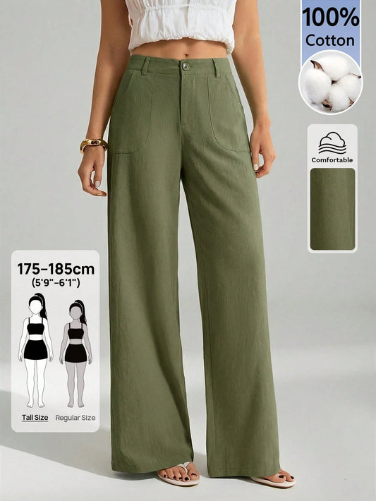 Tall 100% Washed Cotton Low Waist Straight Pants, Tall Women