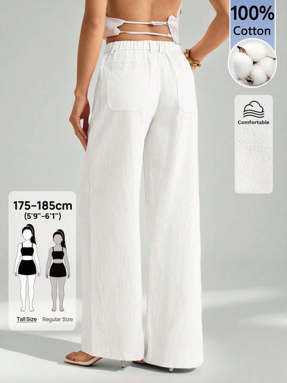 Tall 100% Washed Cotton Low Waist Straight Pants, Tall Women