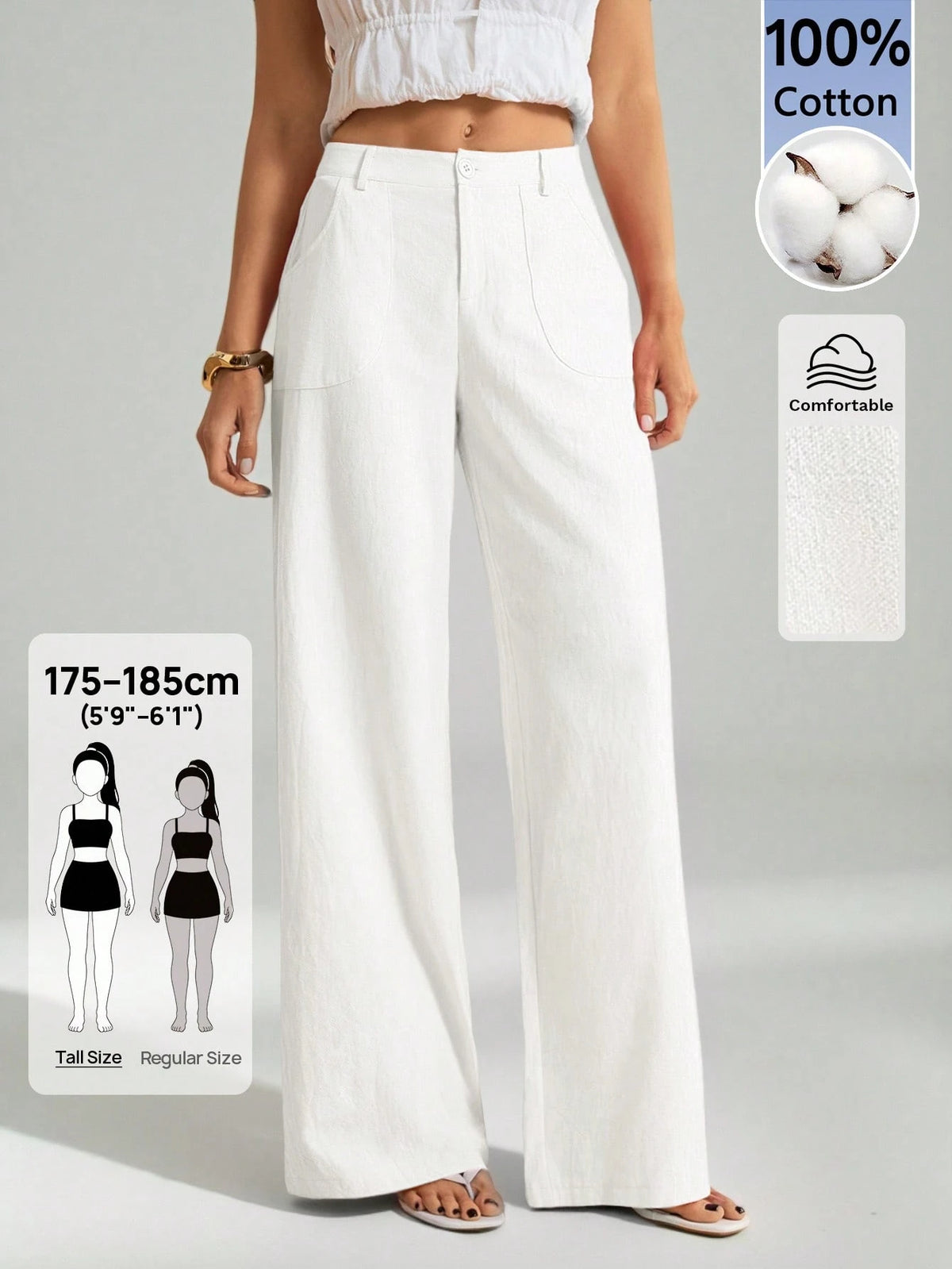 Tall 100% Washed Cotton Low Waist Straight Pants, Tall Women