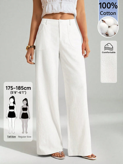 Tall 100% Washed Cotton Low Waist Straight Pants, Tall Women