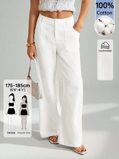 Tall 100% Washed Cotton Low Waist Straight Pants, Tall Women