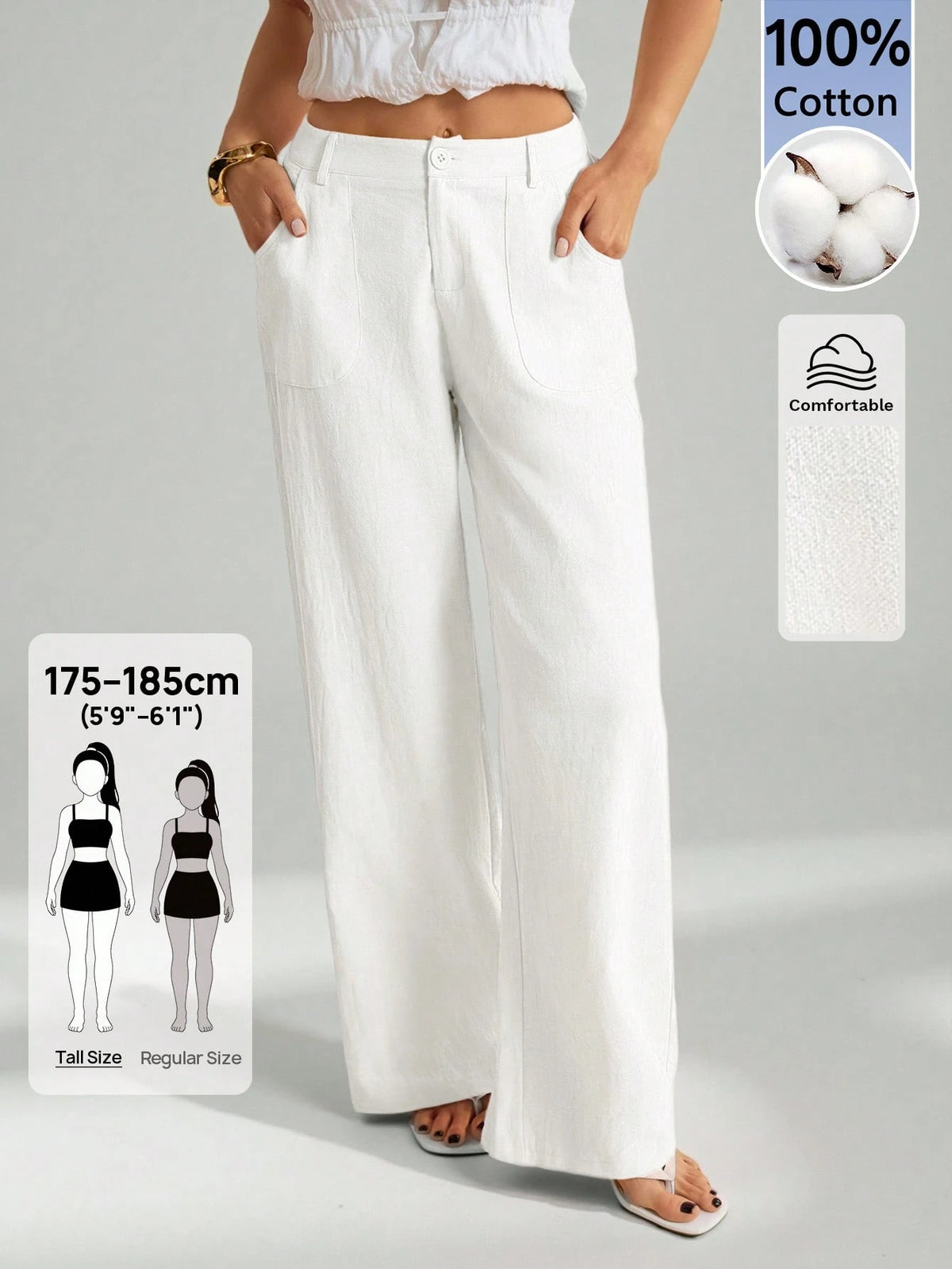 Tall 100% Washed Cotton Low Waist Straight Pants, Tall Women