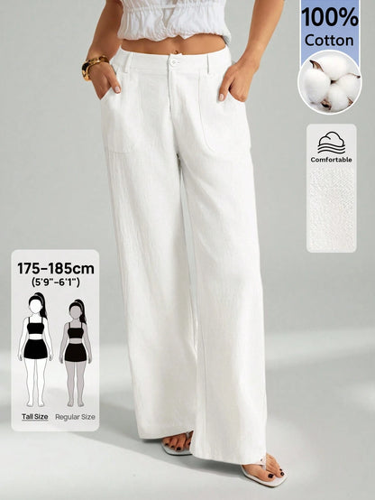 Tall 100% Washed Cotton Low Waist Straight Pants, Tall Women