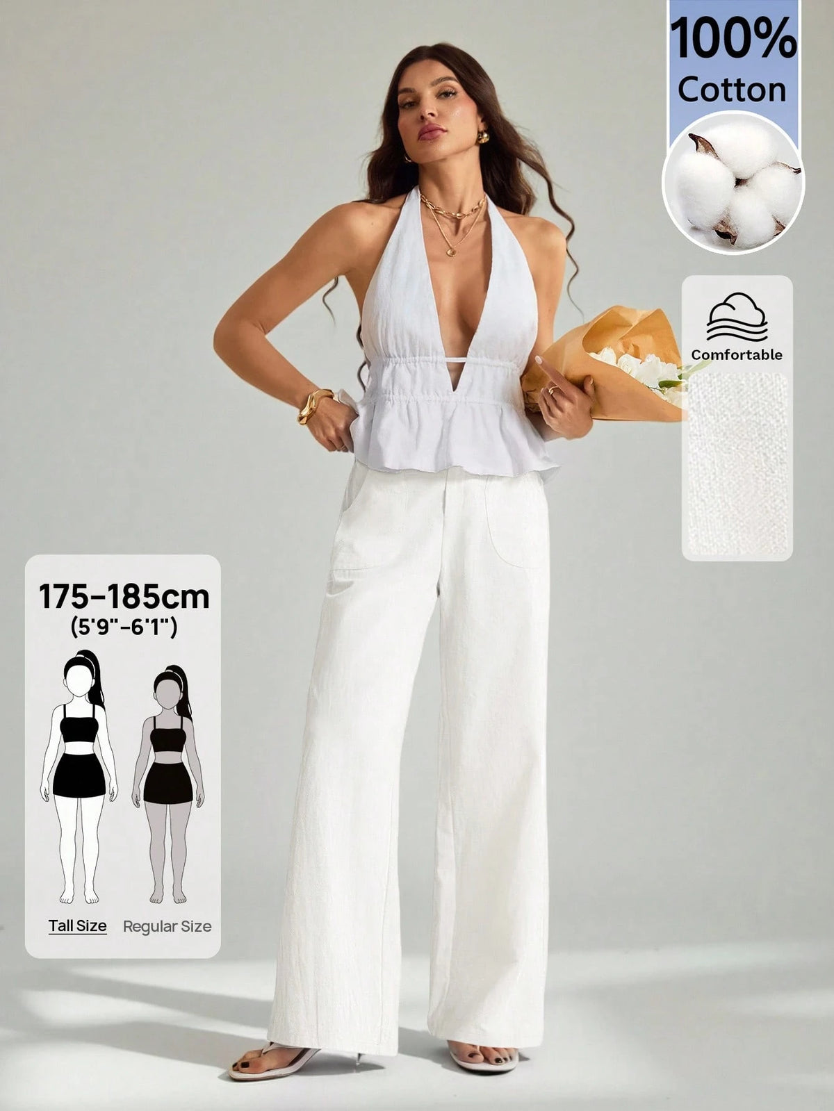 Tall 100% Washed Cotton Low Waist Straight Pants, Tall Women