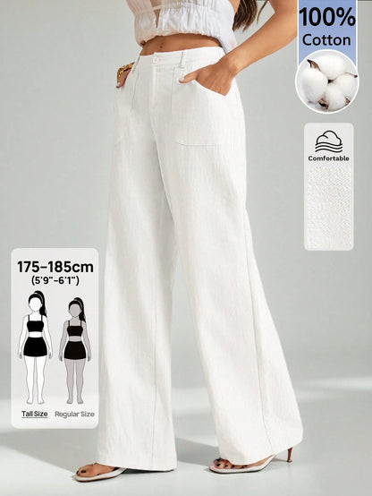 Tall 100% Washed Cotton Low Waist Straight Pants, Tall Women