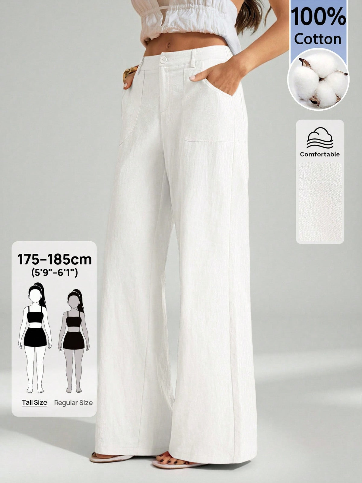 Tall 100% Washed Cotton Low Waist Straight Pants, Tall Women