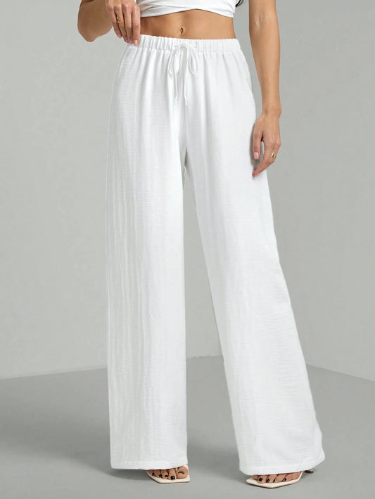 Tall Loose Drawstring Waist Trousers In Textured Crinkle Fabric, Tall Women Beach White Autumn Casual