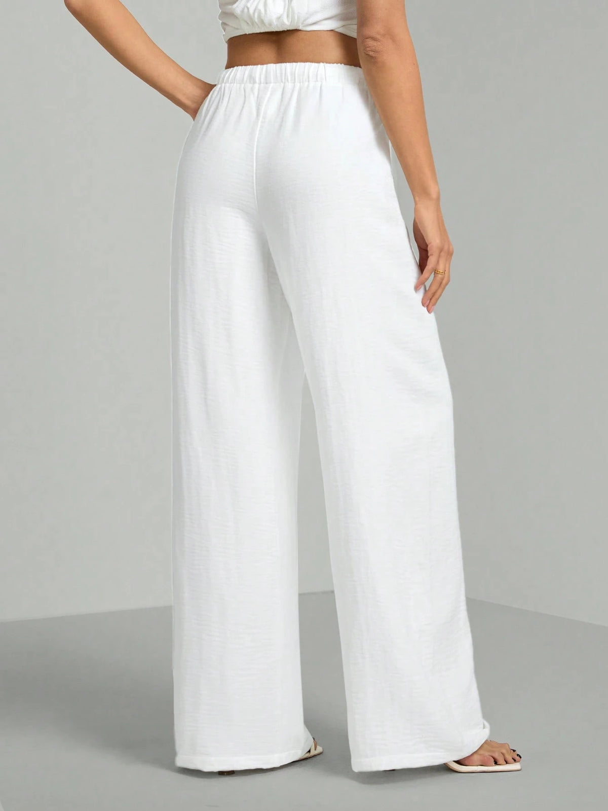 Tall Loose Drawstring Waist Trousers In Textured Crinkle Fabric, Tall Women Beach White Autumn Casual