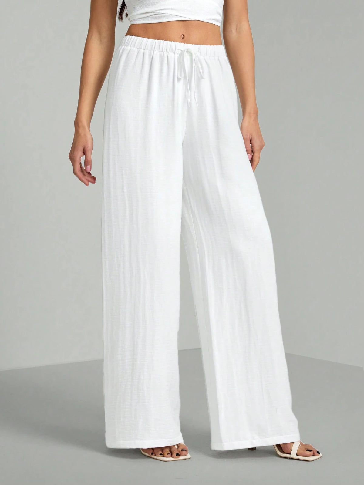 Tall Loose Drawstring Waist Trousers In Textured Crinkle Fabric, Tall Women Beach White Autumn Casual