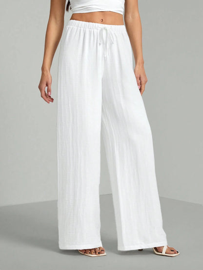 Tall Loose Drawstring Waist Trousers In Textured Crinkle Fabric, Tall Women Beach White Autumn Casual