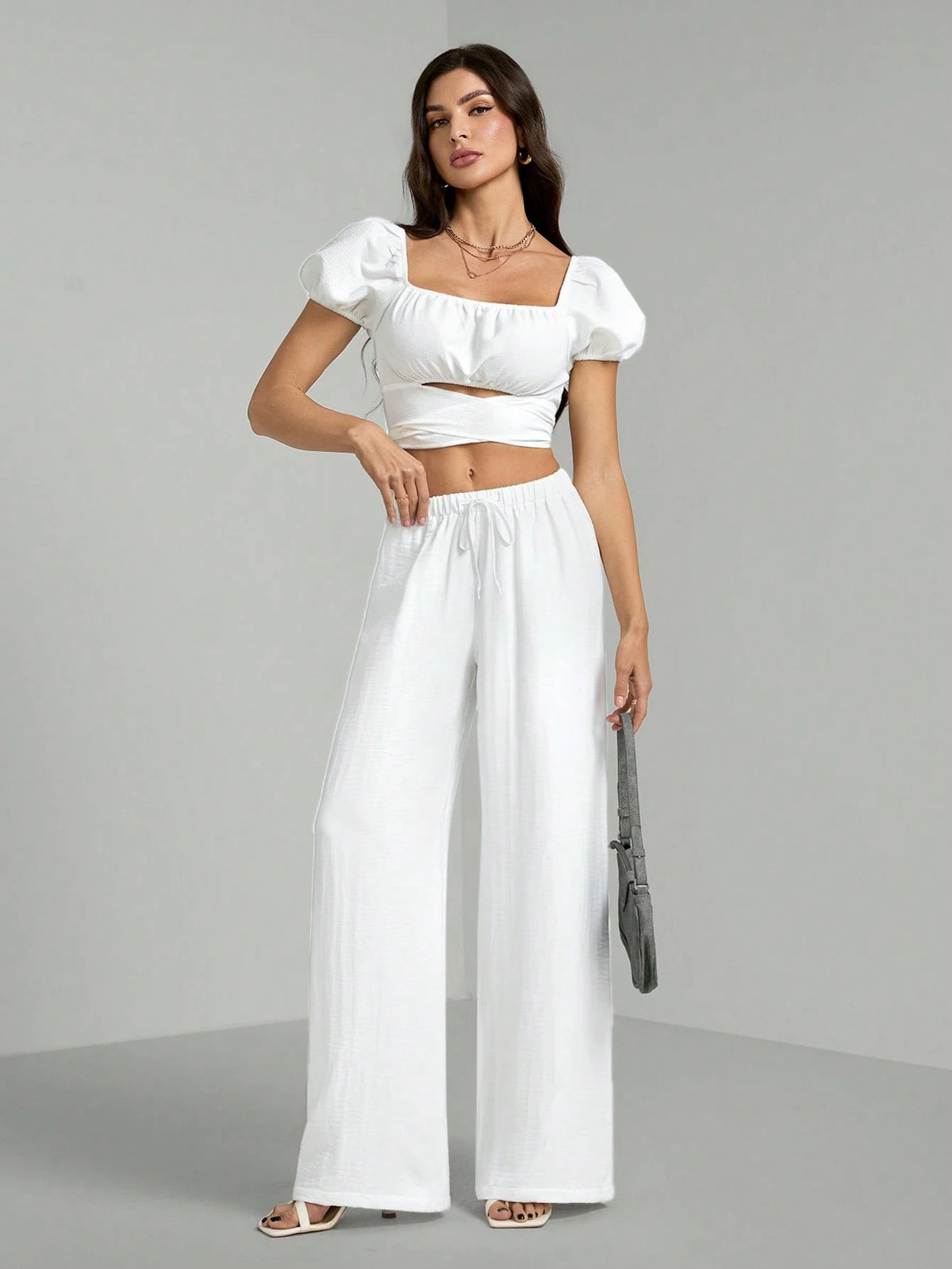 Tall Loose Drawstring Waist Trousers In Textured Crinkle Fabric, Tall Women Beach White Autumn Casual