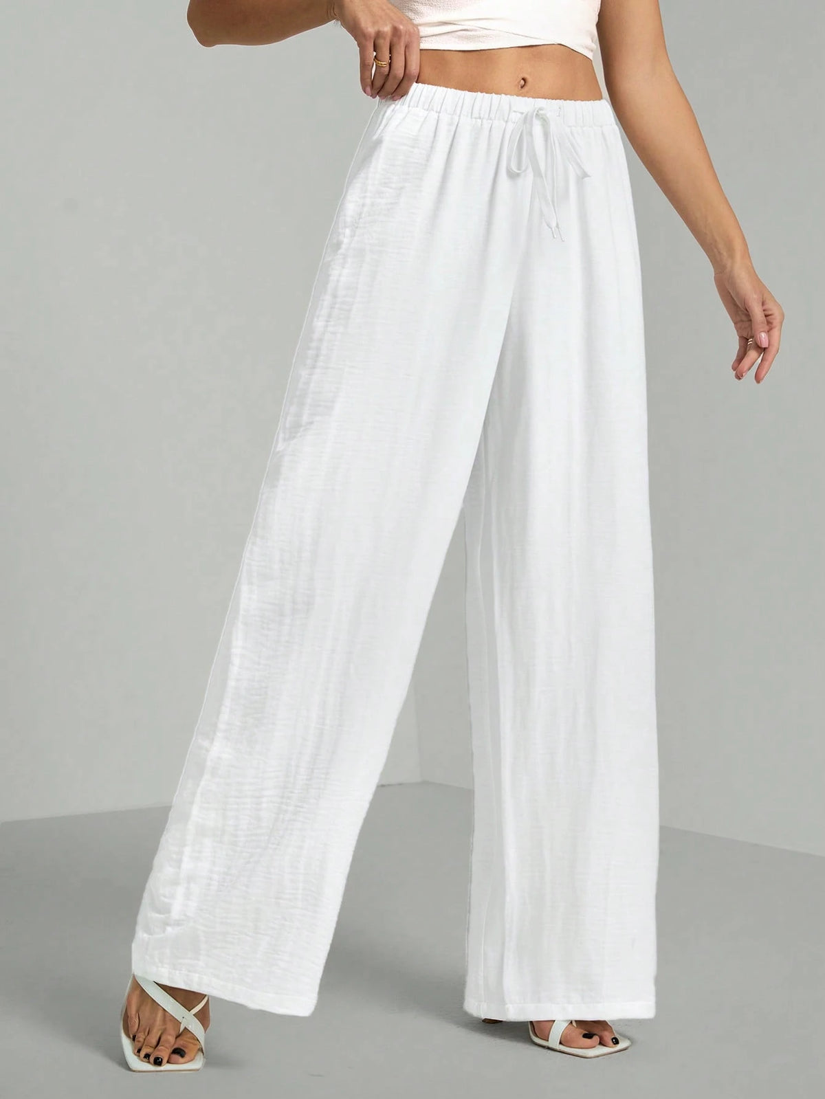 Tall Loose Drawstring Waist Trousers In Textured Crinkle Fabric, Tall Women Beach White Autumn Casual