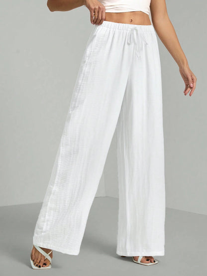Tall Loose Drawstring Waist Trousers In Textured Crinkle Fabric, Tall Women Beach White Autumn Casual