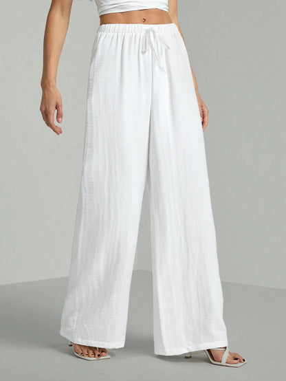 Tall Loose Drawstring Waist Trousers In Textured Crinkle Fabric, Tall Women Beach White Autumn Casual