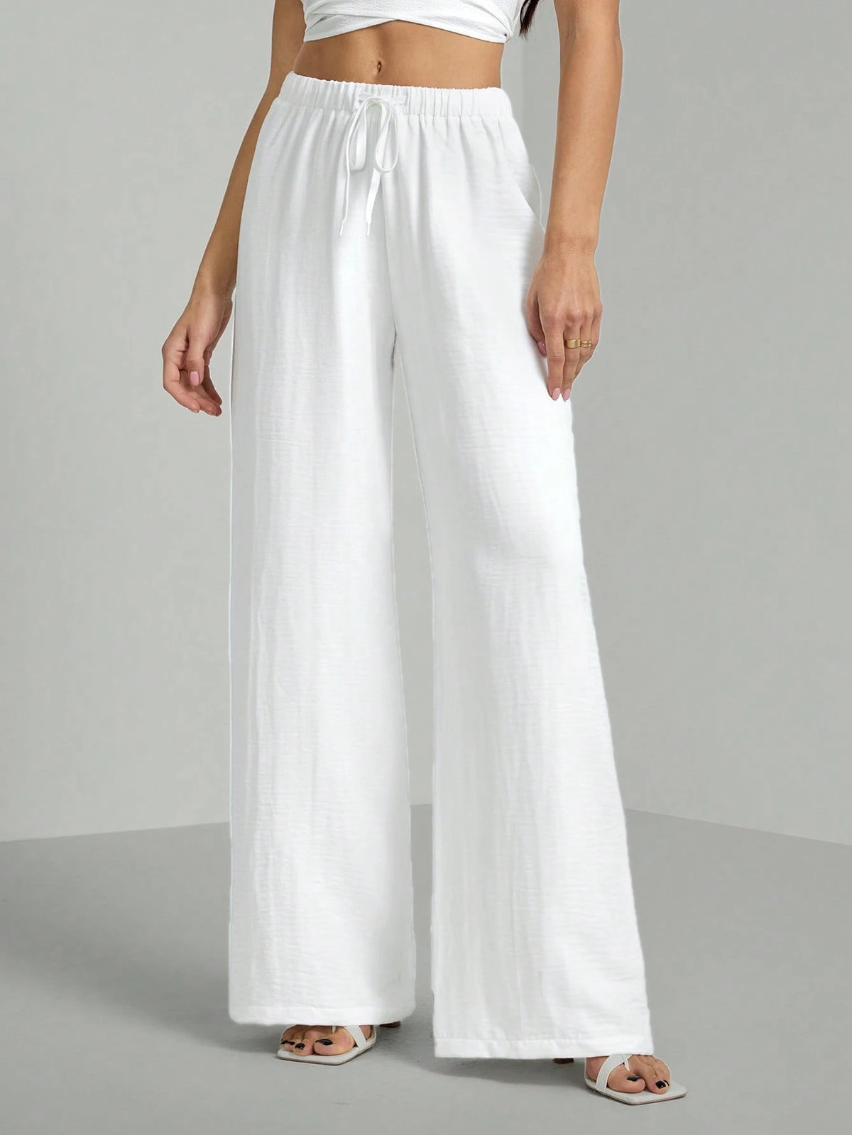 Tall Loose Drawstring Waist Trousers In Textured Crinkle Fabric, Tall Women Beach White Autumn Casual