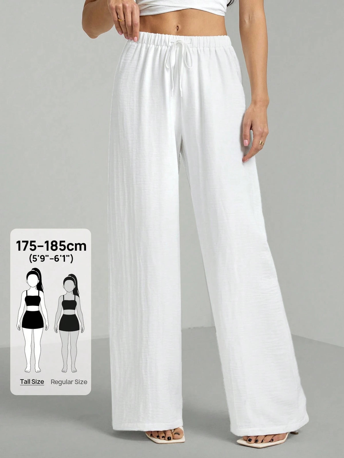 Tall Loose Drawstring Waist Trousers In Textured Crinkle Fabric, Tall Women Beach White Autumn Casual
