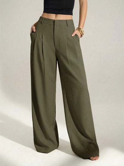 Tall Olive Green Summer Elegant Office Women's High Waist Pleated Wide Leg Pants,Old Money Business Casual Loose Trousers,Chic Tailored Work Pants, Tall Women