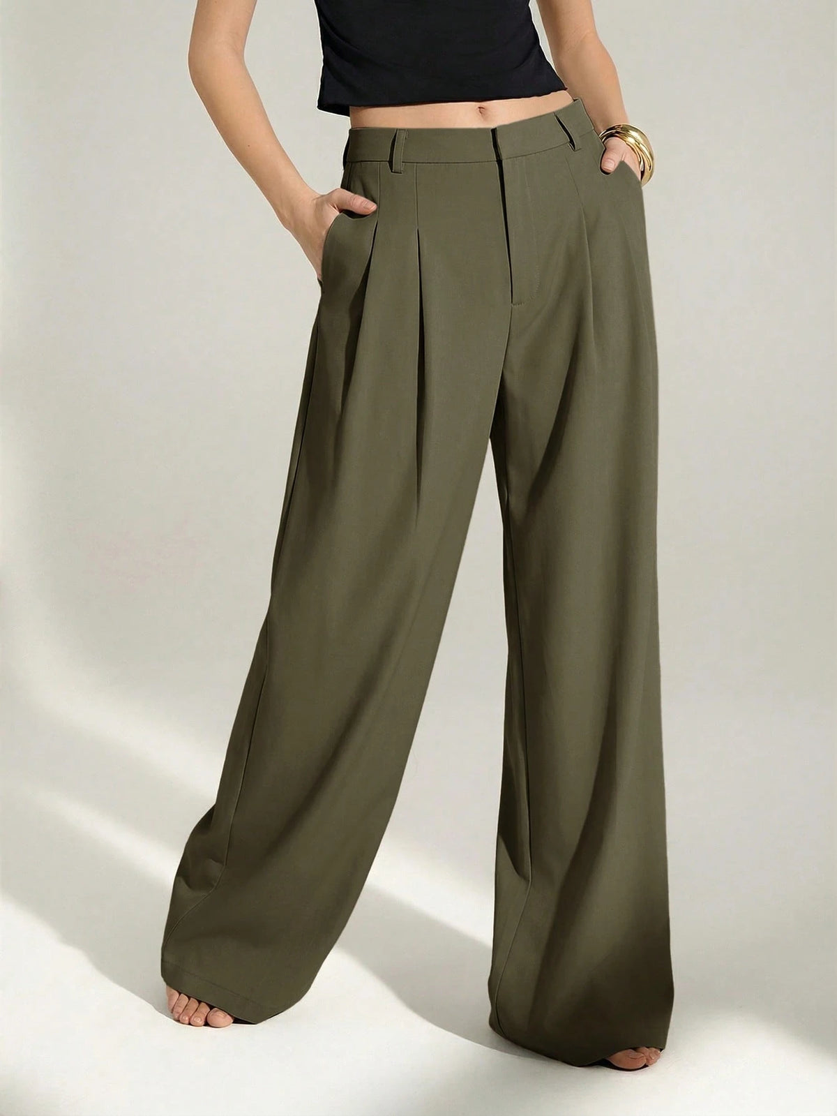 Tall Olive Green Summer Elegant Office Women's High Waist Pleated Wide Leg Pants,Old Money Business Casual Loose Trousers,Chic Tailored Work Pants, Tall Women