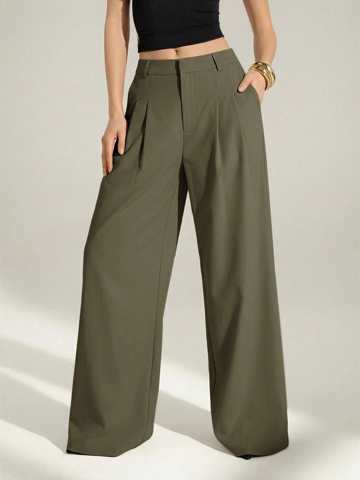 Tall Olive Green Summer Elegant Office Women's High Waist Pleated Wide Leg Pants,Old Money Business Casual Loose Trousers,Chic Tailored Work Pants, Tall Women