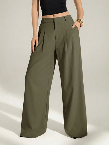 Tall Olive Green Summer Elegant Office Women's High Waist Pleated Wide Leg Pants,Old Money Business Casual Loose Trousers,Chic Tailored Work Pants, Tall Women
