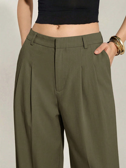 Tall Olive Green Summer Elegant Office Women's High Waist Pleated Wide Leg Pants,Old Money Business Casual Loose Trousers,Chic Tailored Work Pants, Tall Women