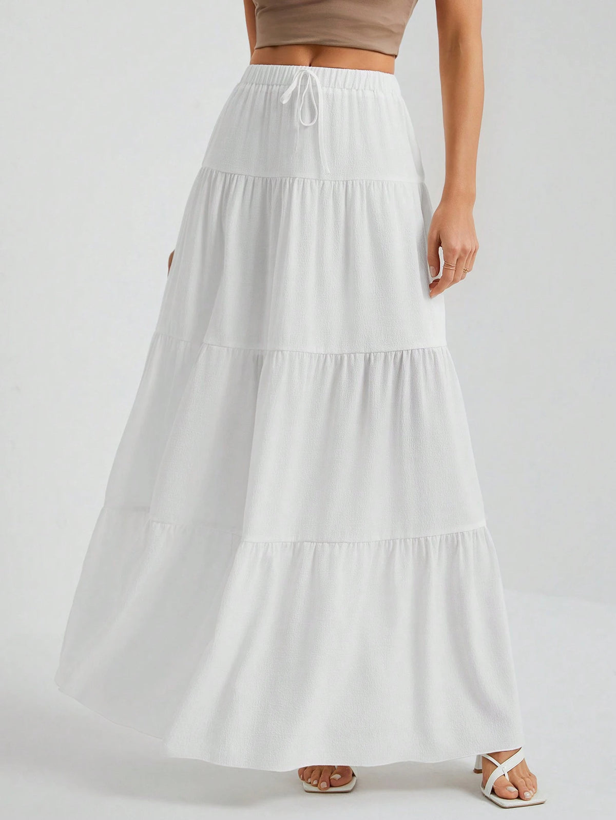 Tall White Woven Women's Large Hem White Lining Skirt, Suitable For Vacation And Going Out, Tall Women