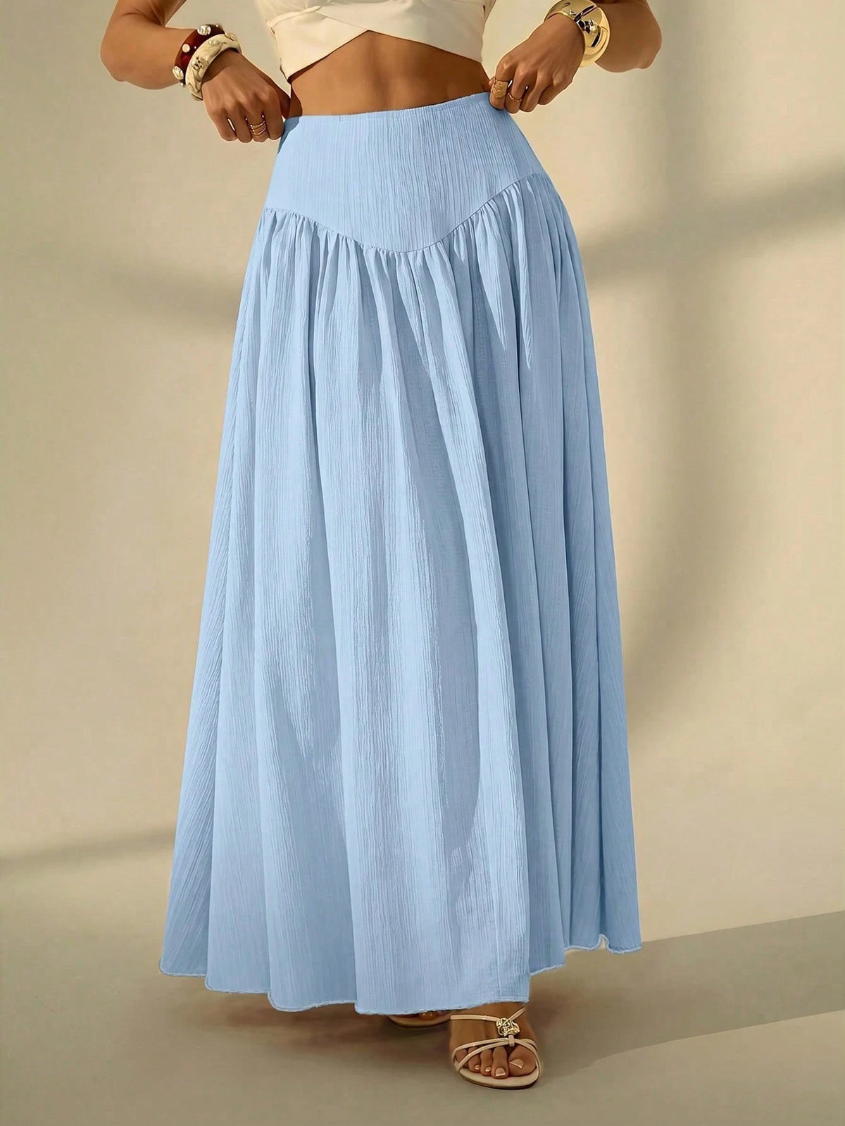 Tall Women's Solid Color Pleated Casual Boho Vacation Skirt, Tall Women Light Blue Autumn Beach